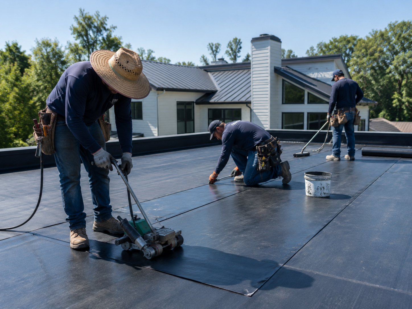 Flat roof installation in progress