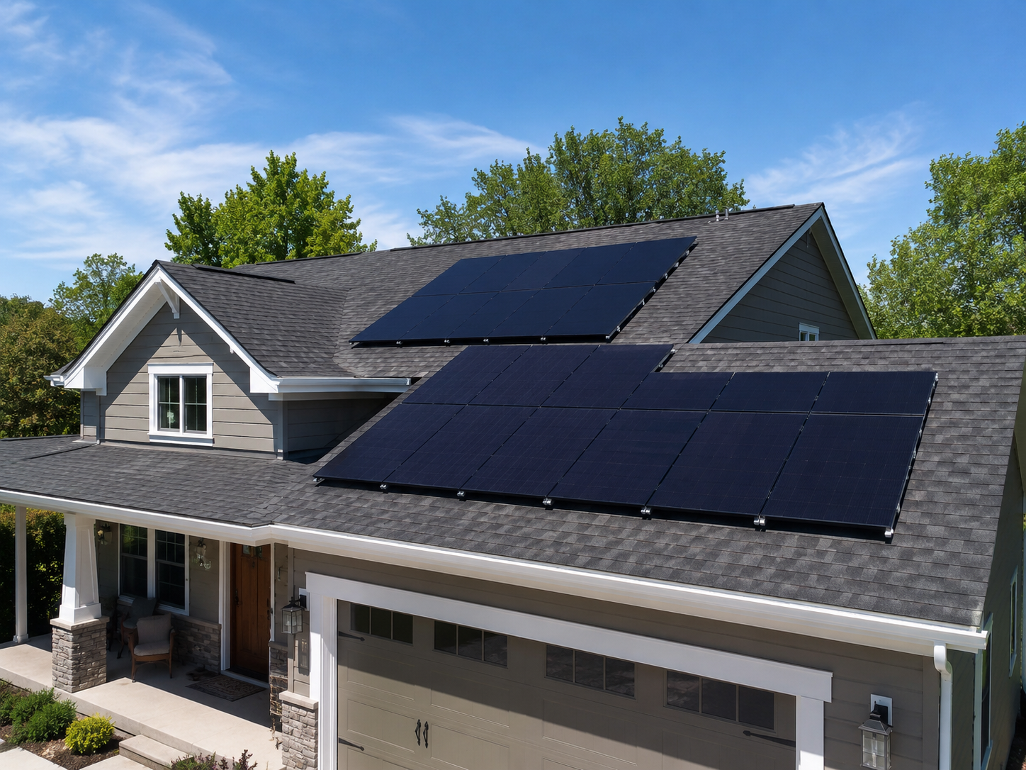 Roof with solar panels and clean shingle field